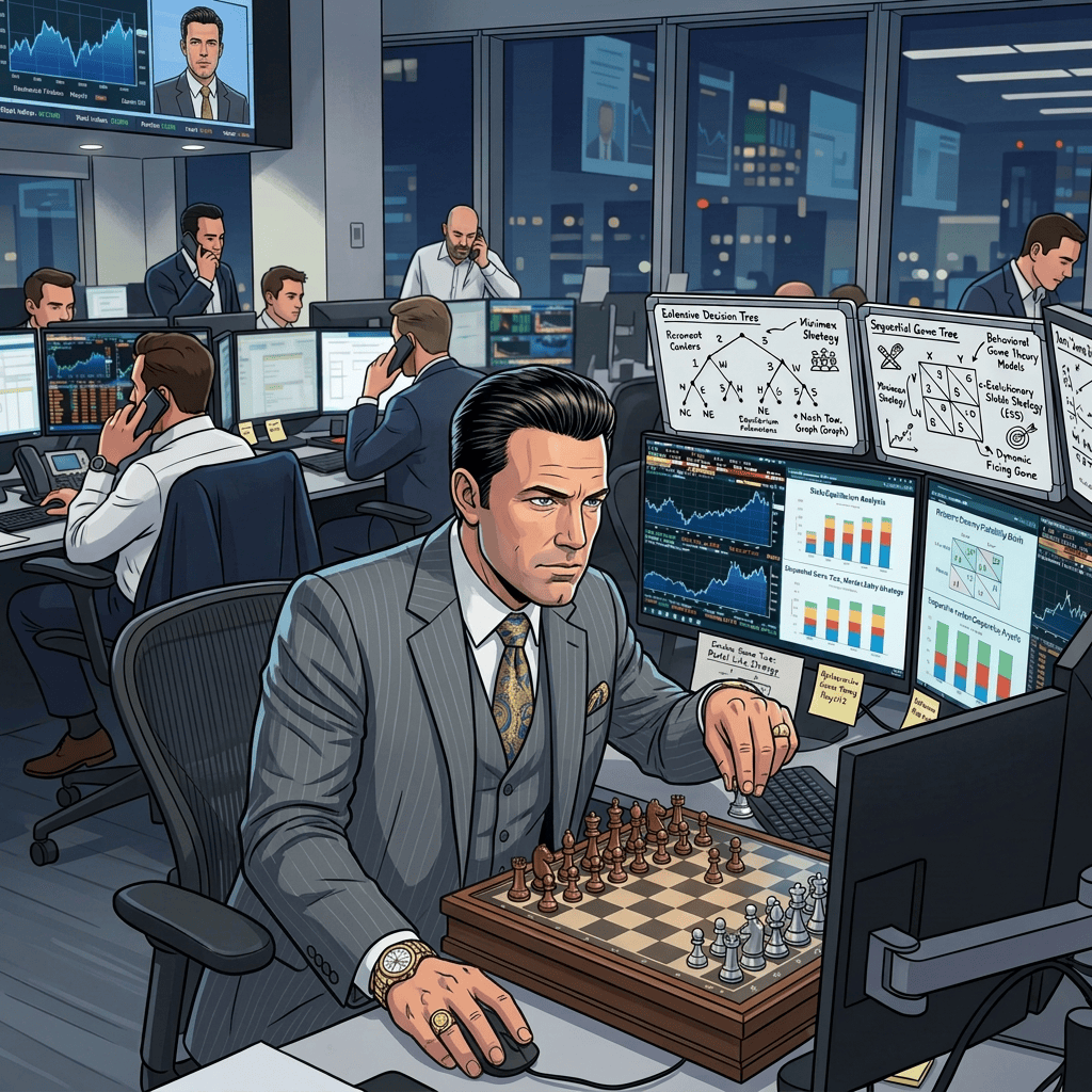 Financial analyst studying market screens and game-theory diagrams in a trading room